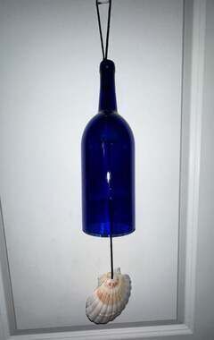 Handcrafted Cobalt Blue Glass Wine Bottle Wind Chime with Seashell Clapper